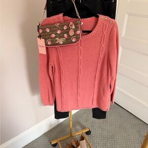 L.L.Bean Pink Cable Knit Sweater Button Shoulder Cotton Blend Size Large